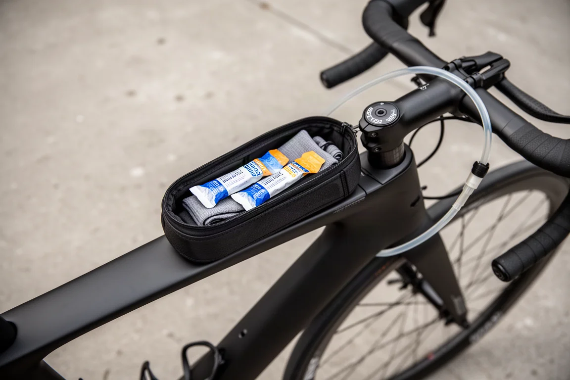 Overhead detail of a top tube bento box holding energy gels on a carbon triathlon frame
