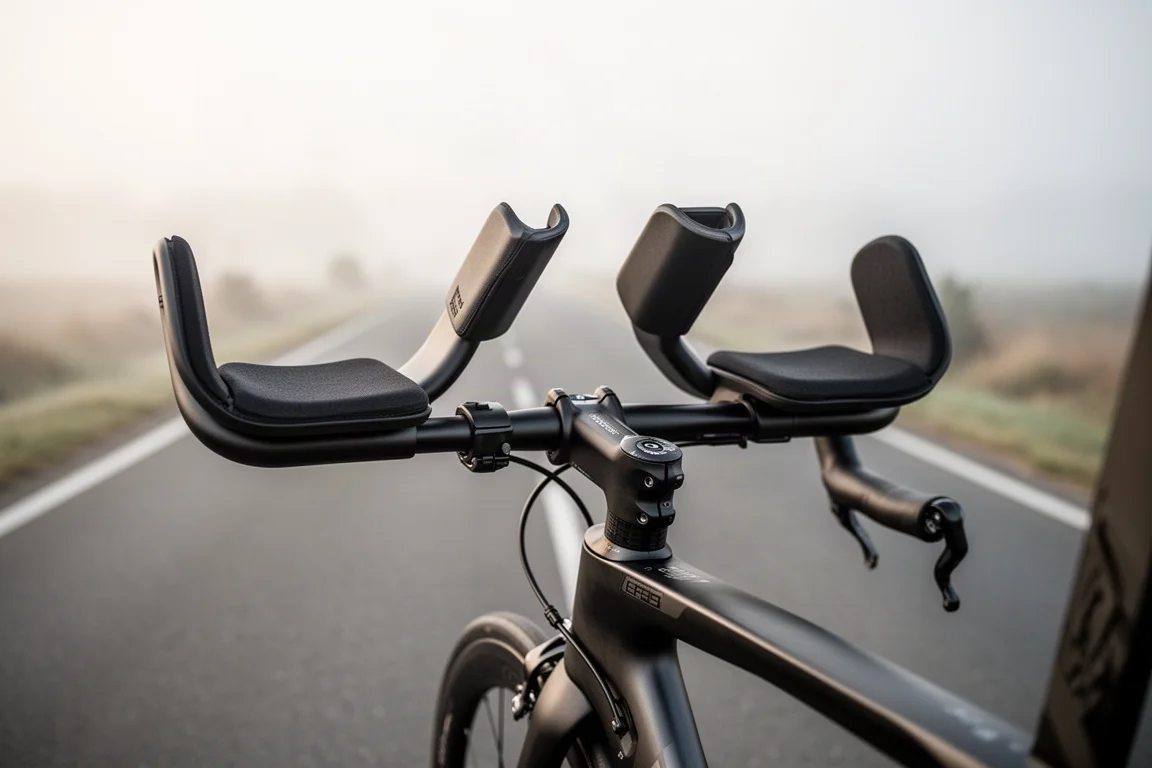 Close-up of angled aero bar extensions with forearm pads on a triathlon bike