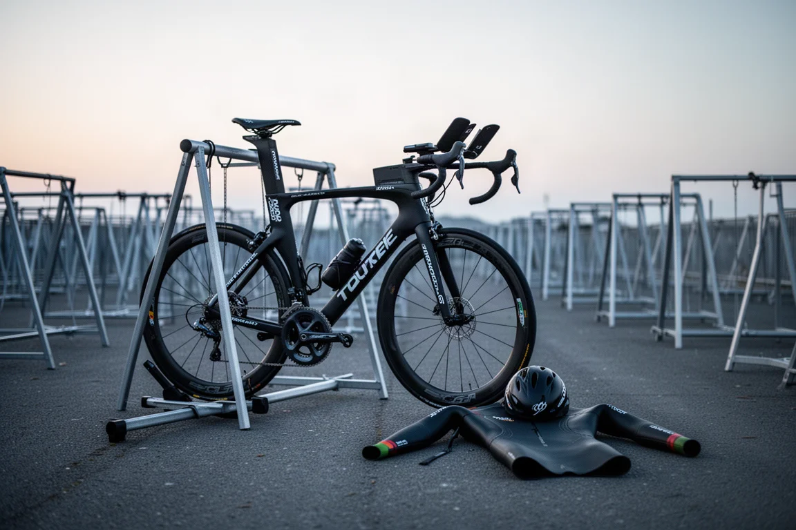 Triathlon bike racked in a quiet transition area at dawn with gear laid out