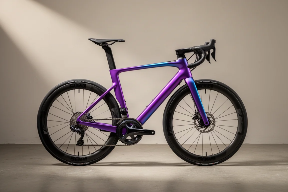 Violett-blaues Carbon-Endurance-Rennrad mit tiefen Carbon-Laufrädern im Profil auf Beton