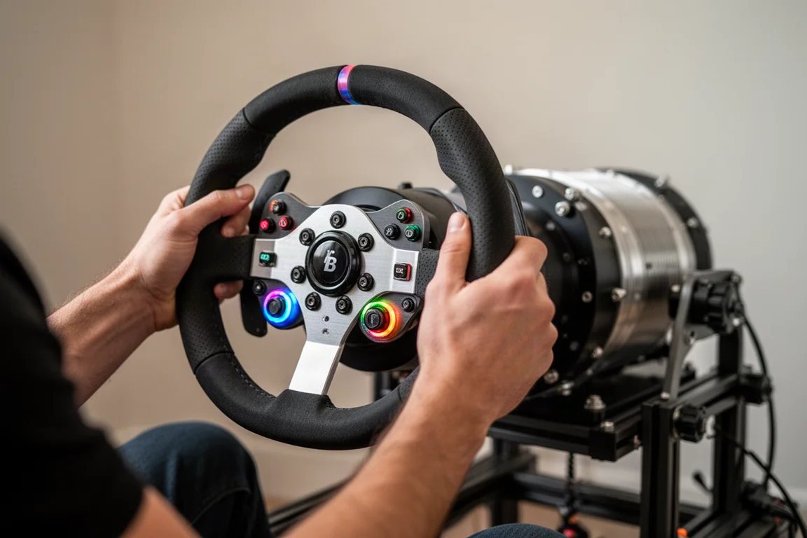 Sim racer che impugna un volante a farfalla con struttura in alluminio e pulsanti illuminati