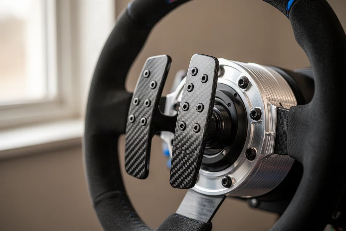 Primo piano delle palette del cambio in fibra di carbonio sul retro di un volante da sim racing