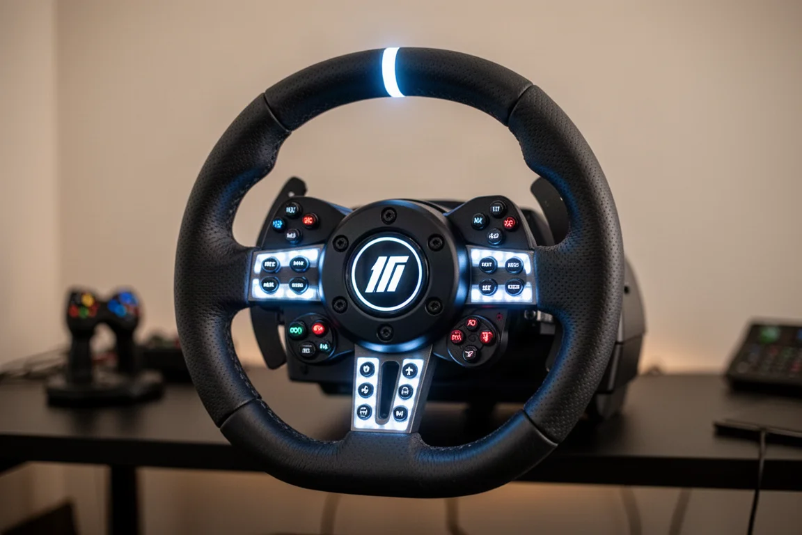 Volante da sim racing con illuminazione RGB programmabile che mostra una combinazione di colori tendente al blu