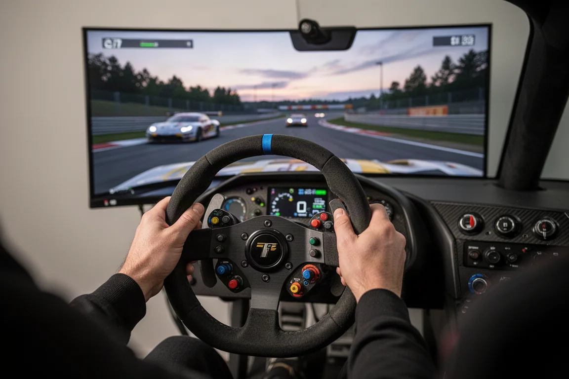 Sim racer alla guida di un'auto GT3 su una pista virtuale al tramonto con il volante in vista