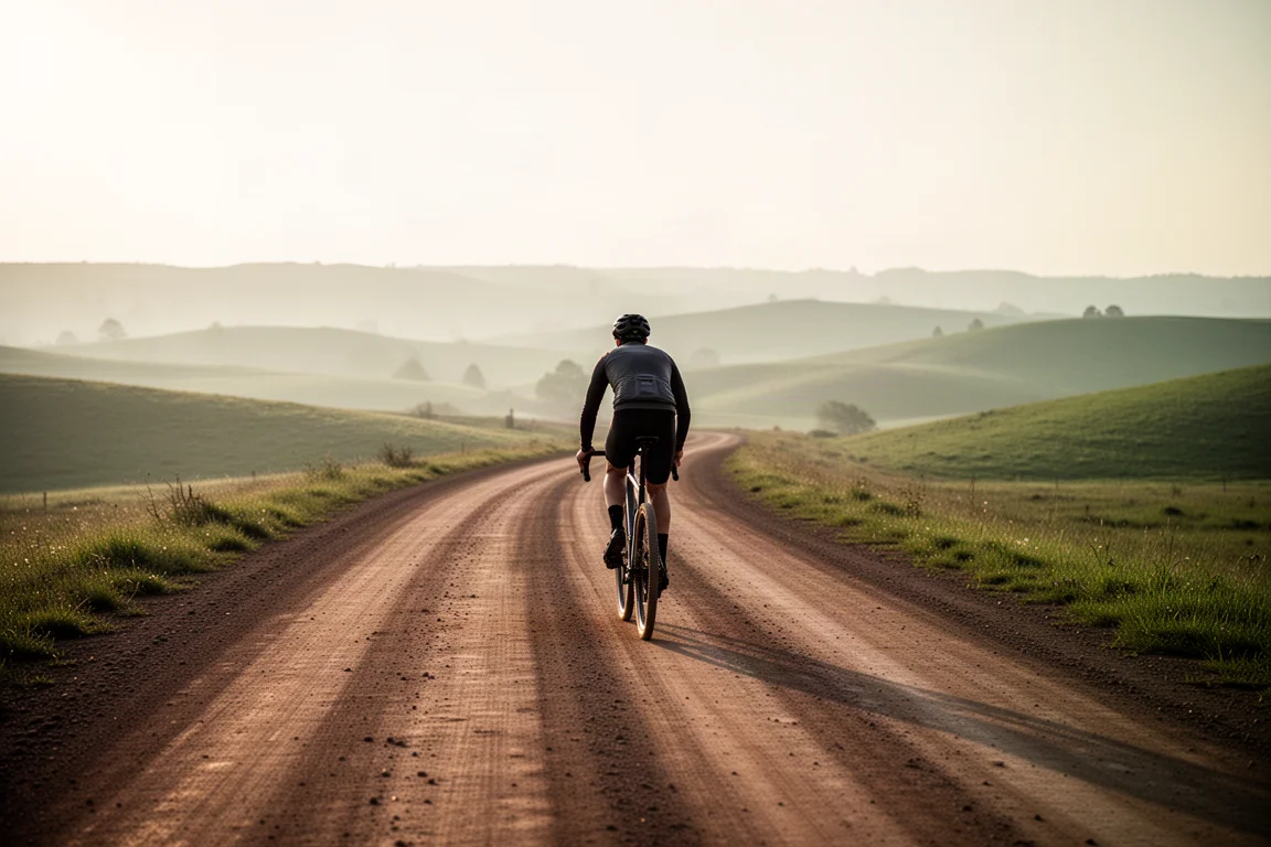 Ciclista su gravel che pedala su una strada sterrata all'alba con colline ondulate sullo sfondo