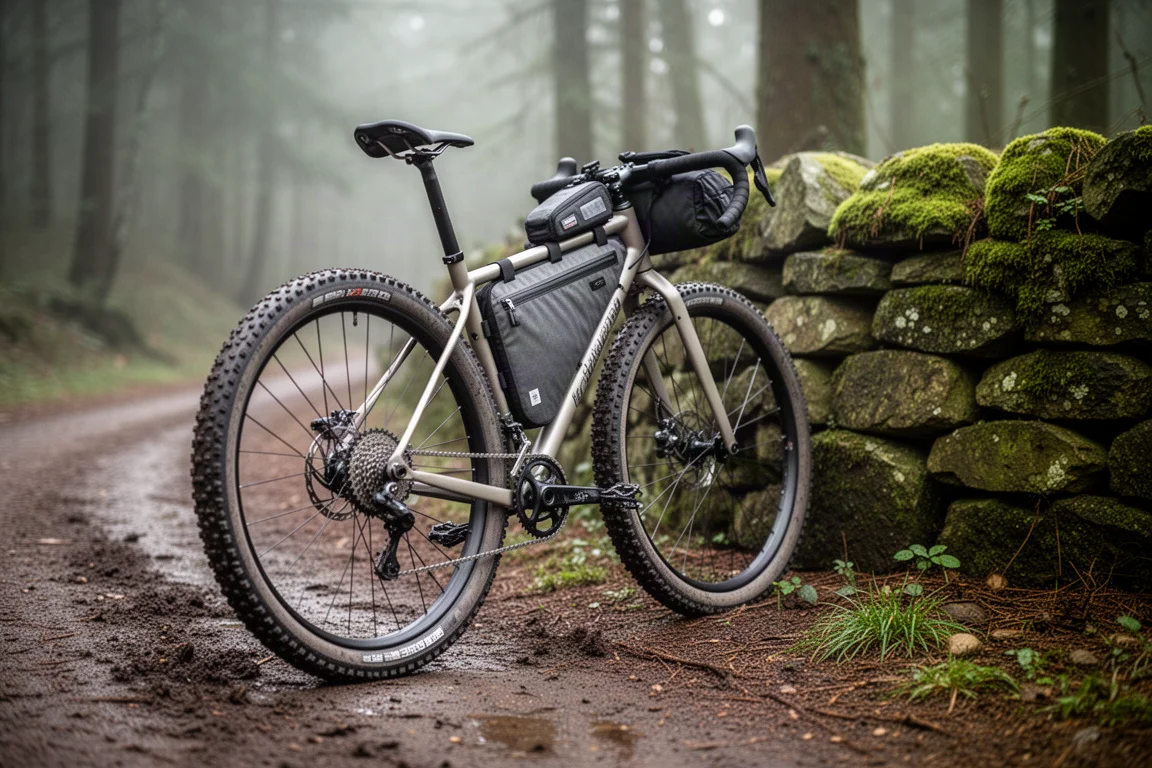 Bici gravel da bikepacking carica con borsa da telaio appoggiata su un sentiero nel bosco