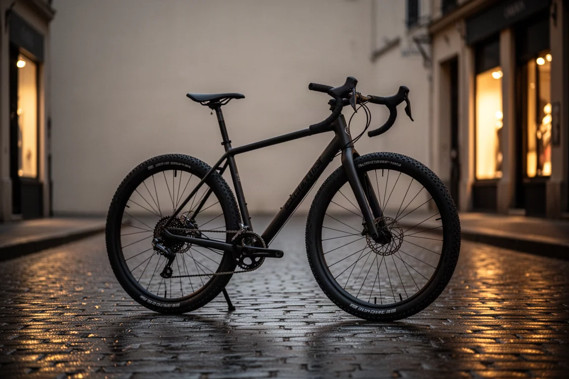 Bici gravel parcheggiata in una strada cittadina al crepuscolo con luce calda dalle finestre