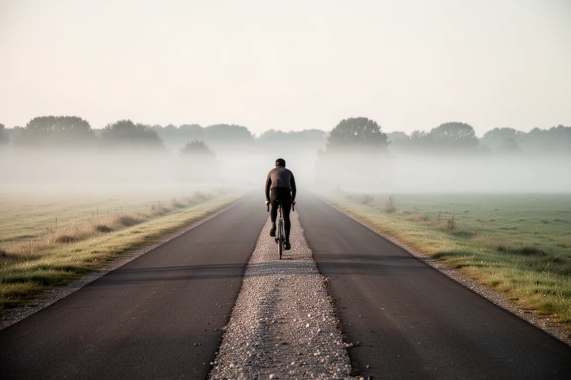 Ciclista che pedala su una strada a fondo misto nella prima luce del mattino