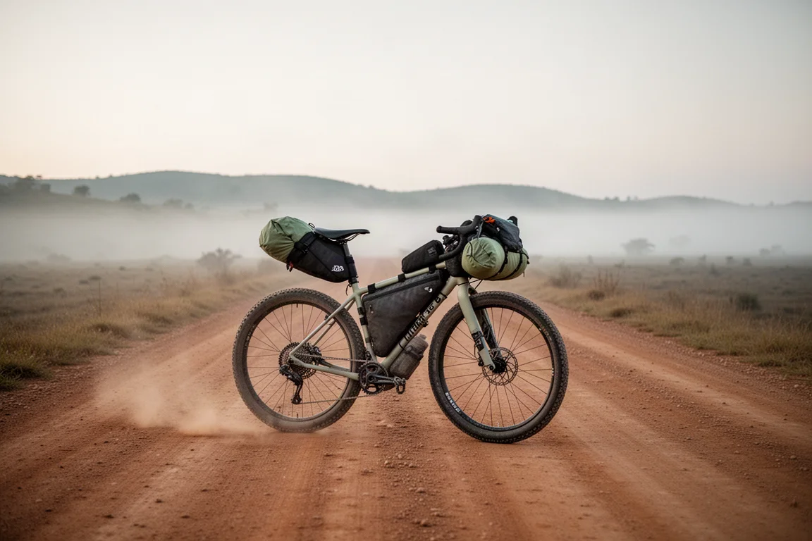Fullutrustad gravelcykel med bikepackingväskor på en bergsväg i gryningen