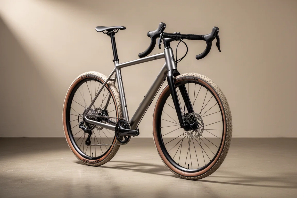 Aluminium gravel bike with carbon fork and wide tyres on a concrete surface