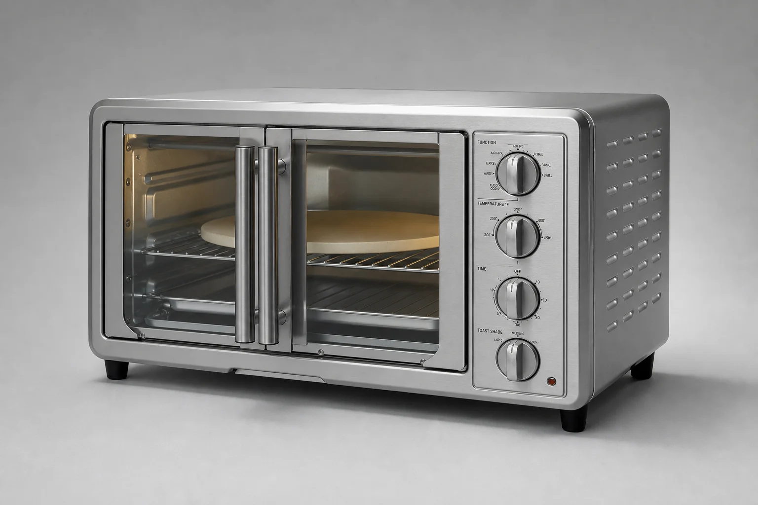 Five toaster ovens of varying sizes arranged on concrete surface