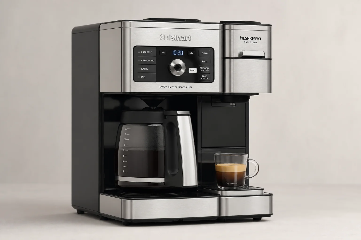 Five dual-brew coffee makers arranged on neutral backdrop showing variety of designs