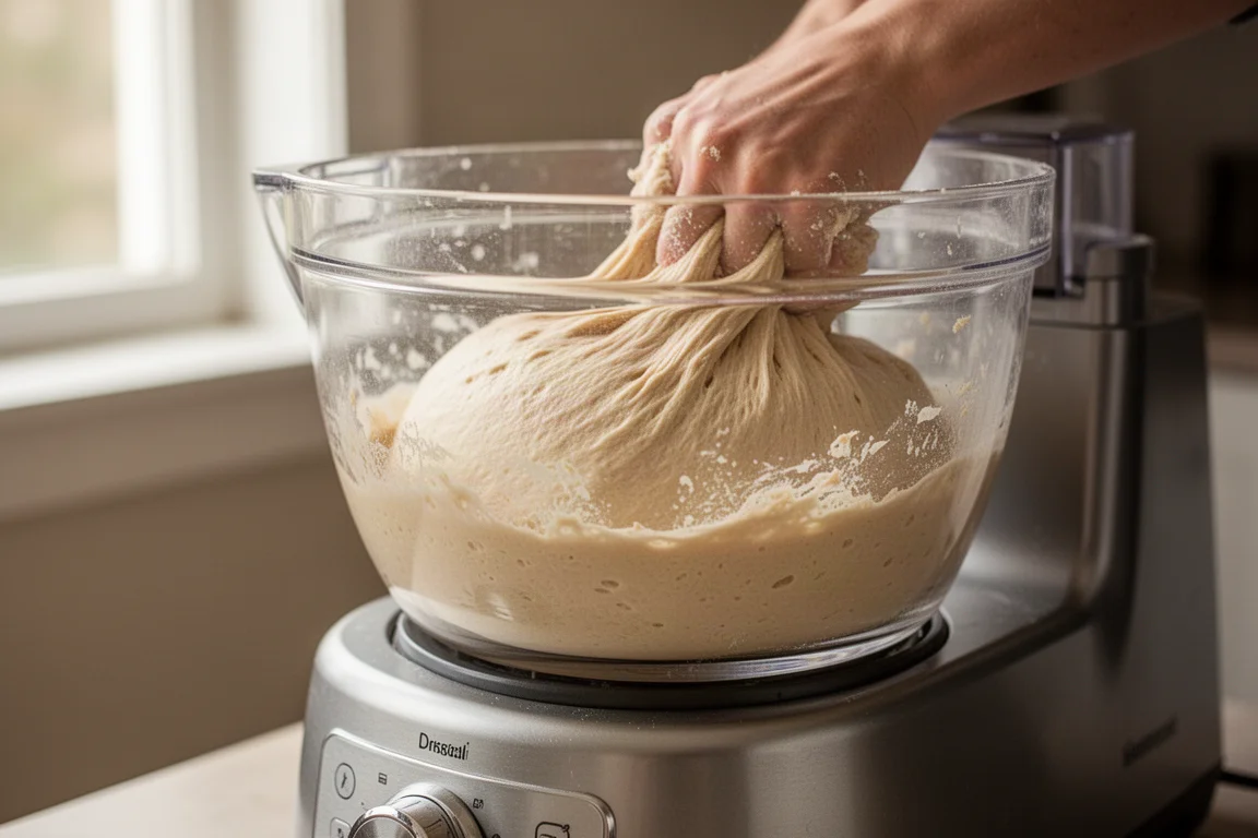 Elastic silky bread dough being kneaded inside a work bowl on a countertop