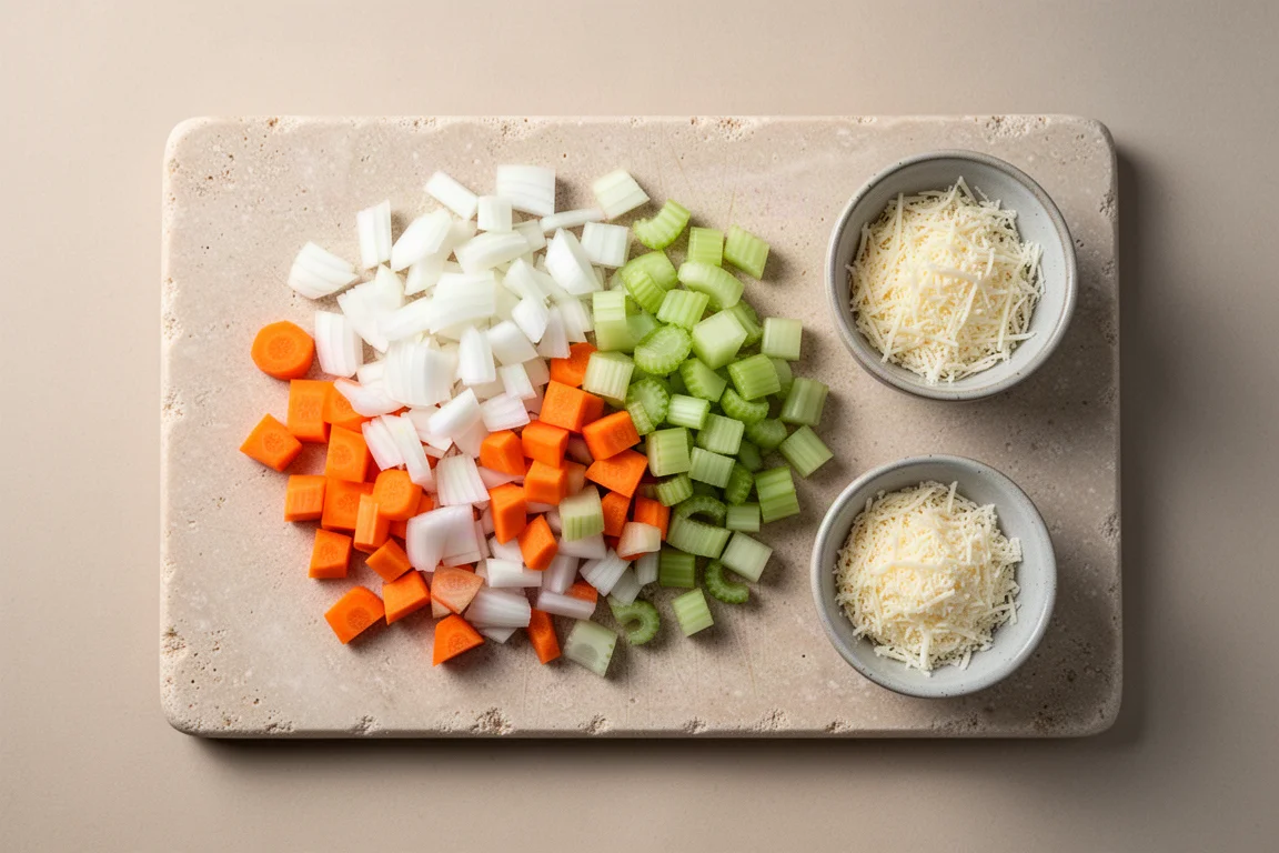 Fresh mirepoix of diced onion, carrot, and celery neatly cut on a cutting board