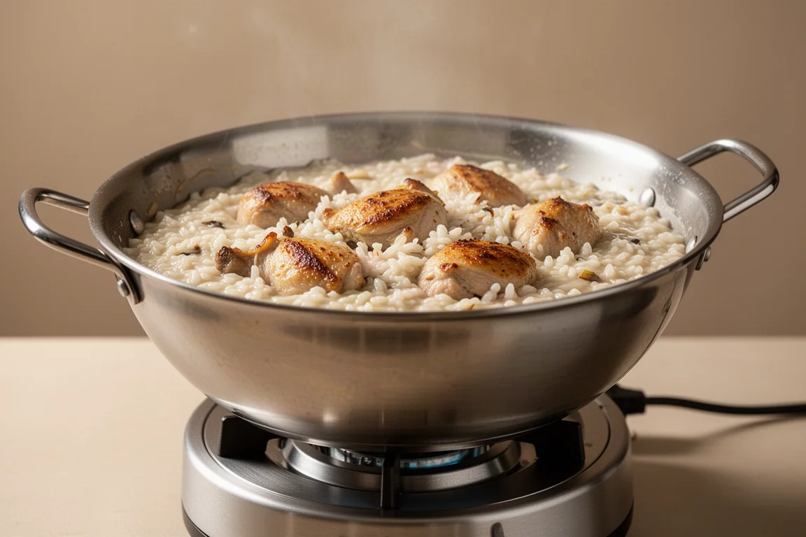 Creamy risotto simmering in a wide-bottomed cooking bowl with browned chicken pieces