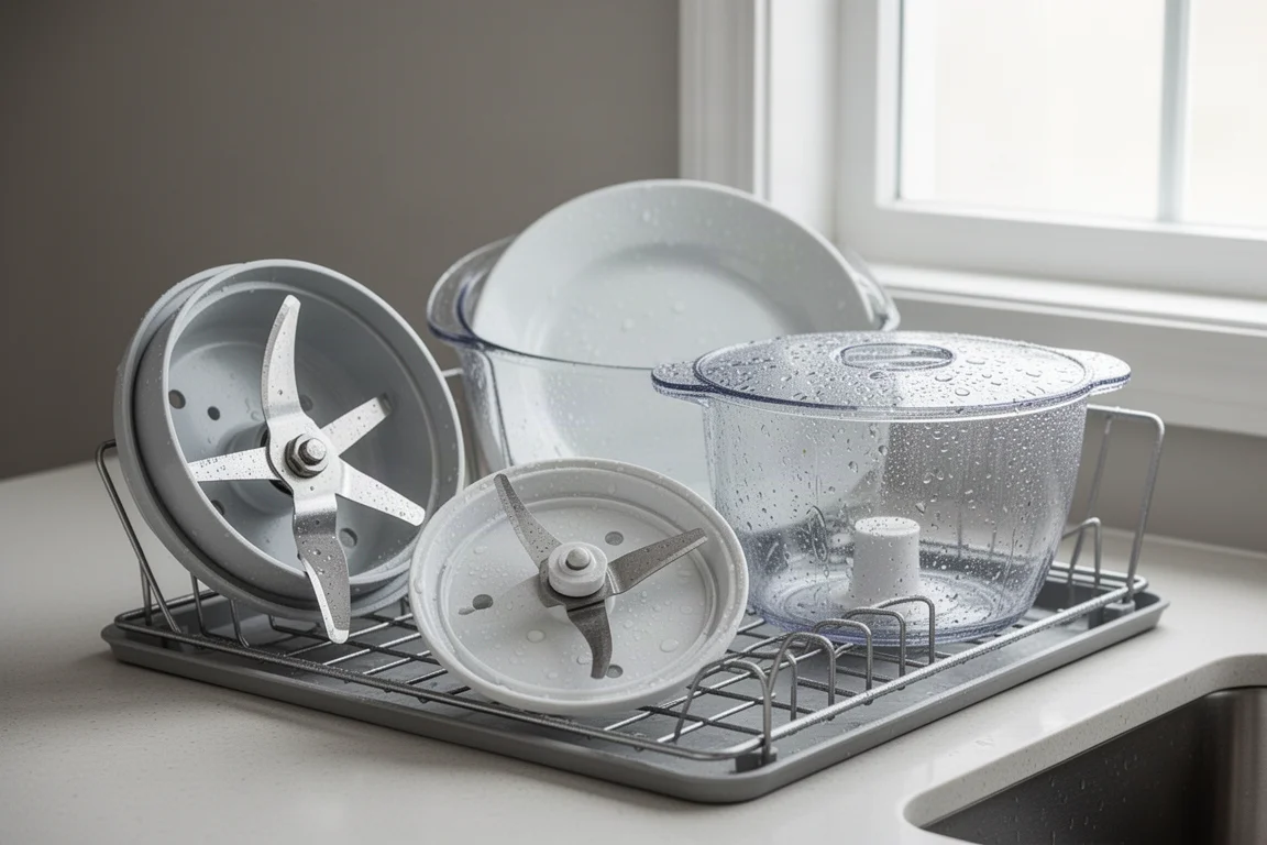 Dishwasher-safe appliance parts rinsed and drying on a kitchen rack