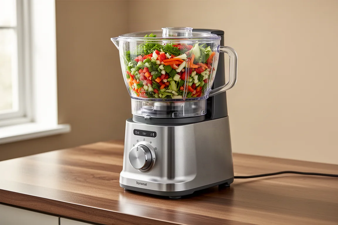 All-in-one cooking appliance with work bowl of chopped vegetables on a kitchen counter