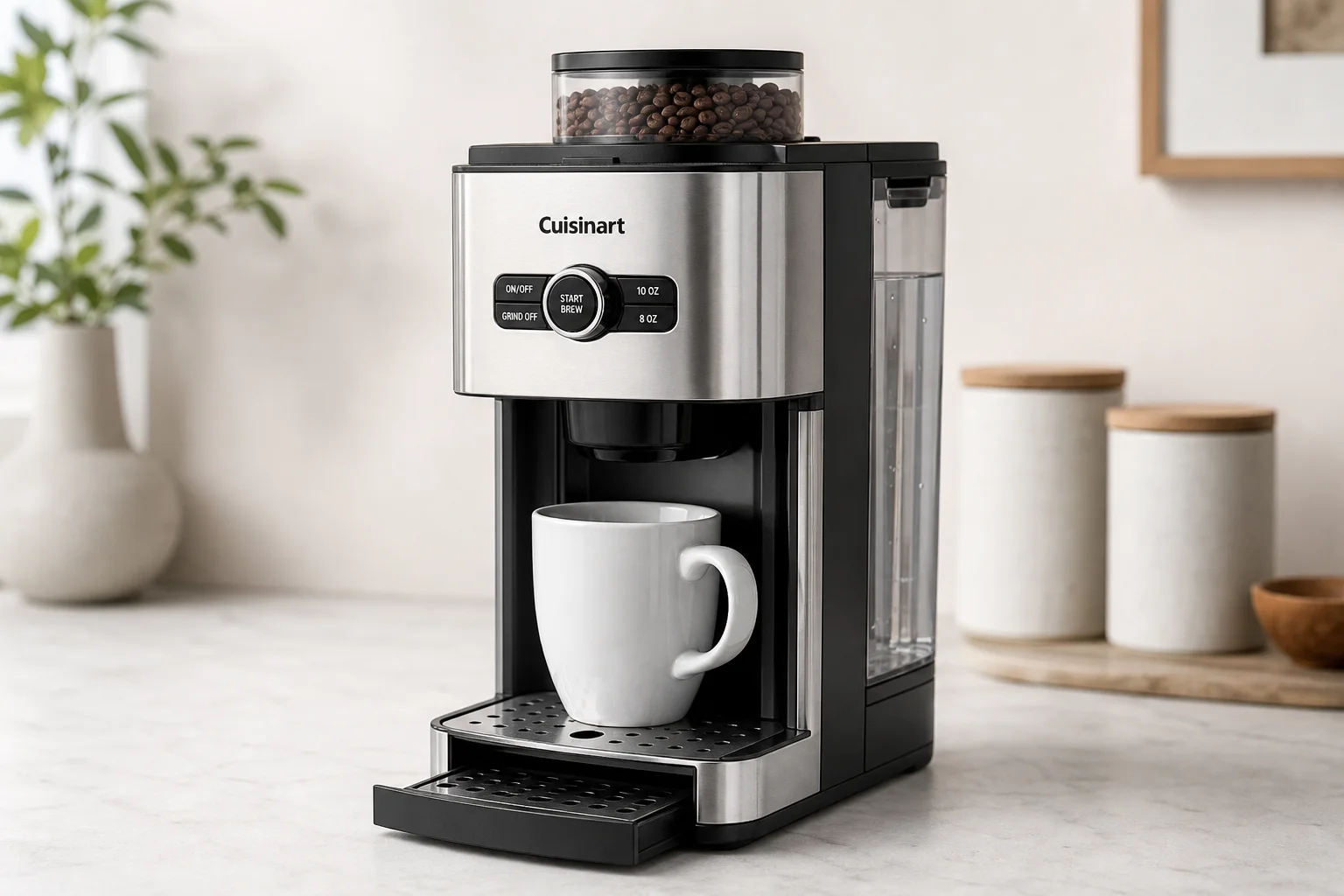 Five coffee makers with integrated grinders arranged on concrete surface