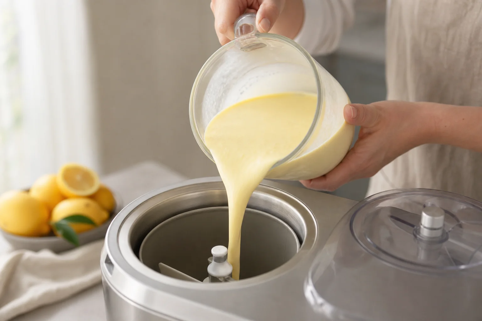 Hands pouring lemon gelato mixture into ice cream machine bowl