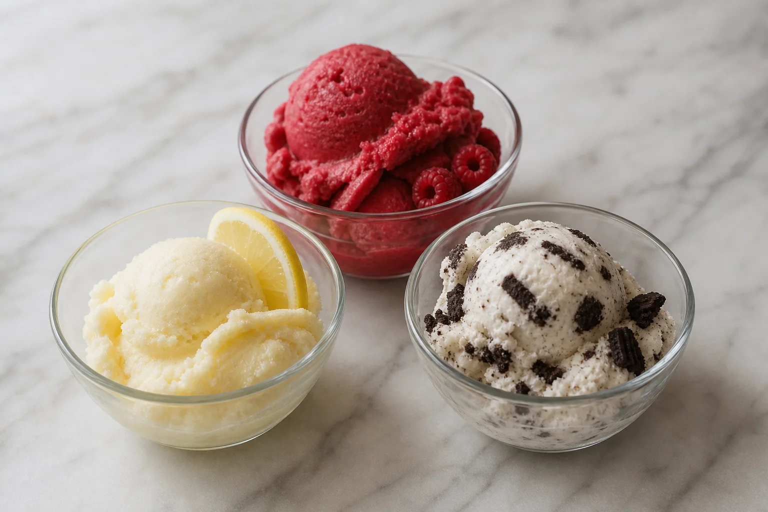 Three finished ice cream and sorbet samples in clear glass bowls
