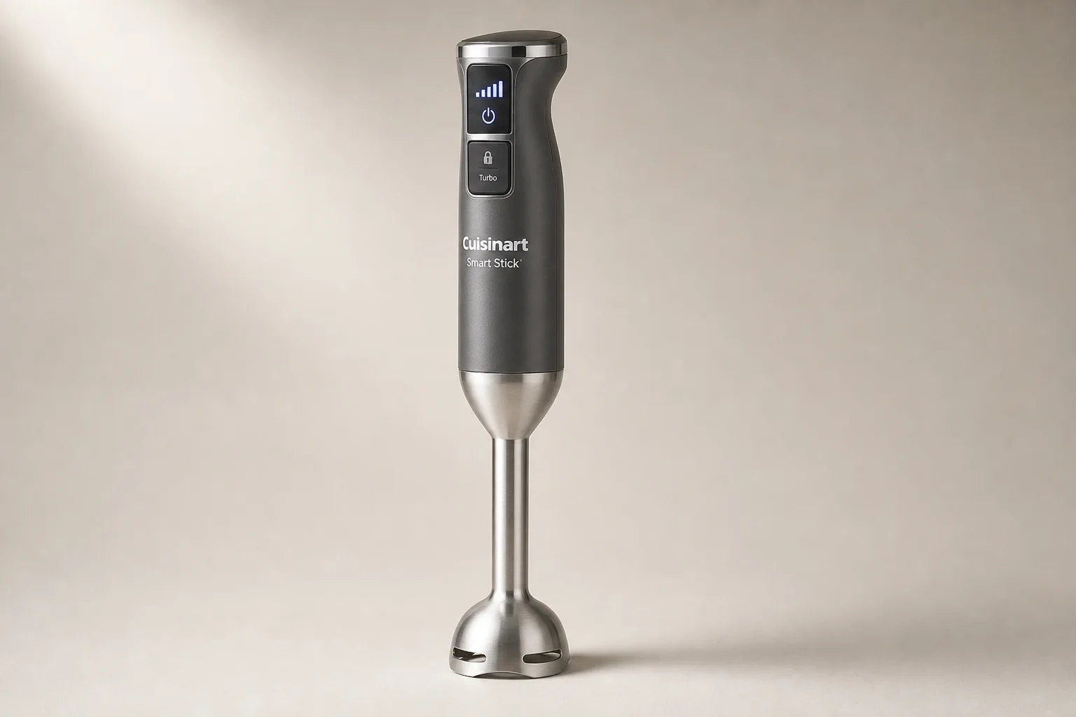 Stabmixer aus Edelstahl mit ergonomischem Griff und 4-flügeligem Messereinsatz