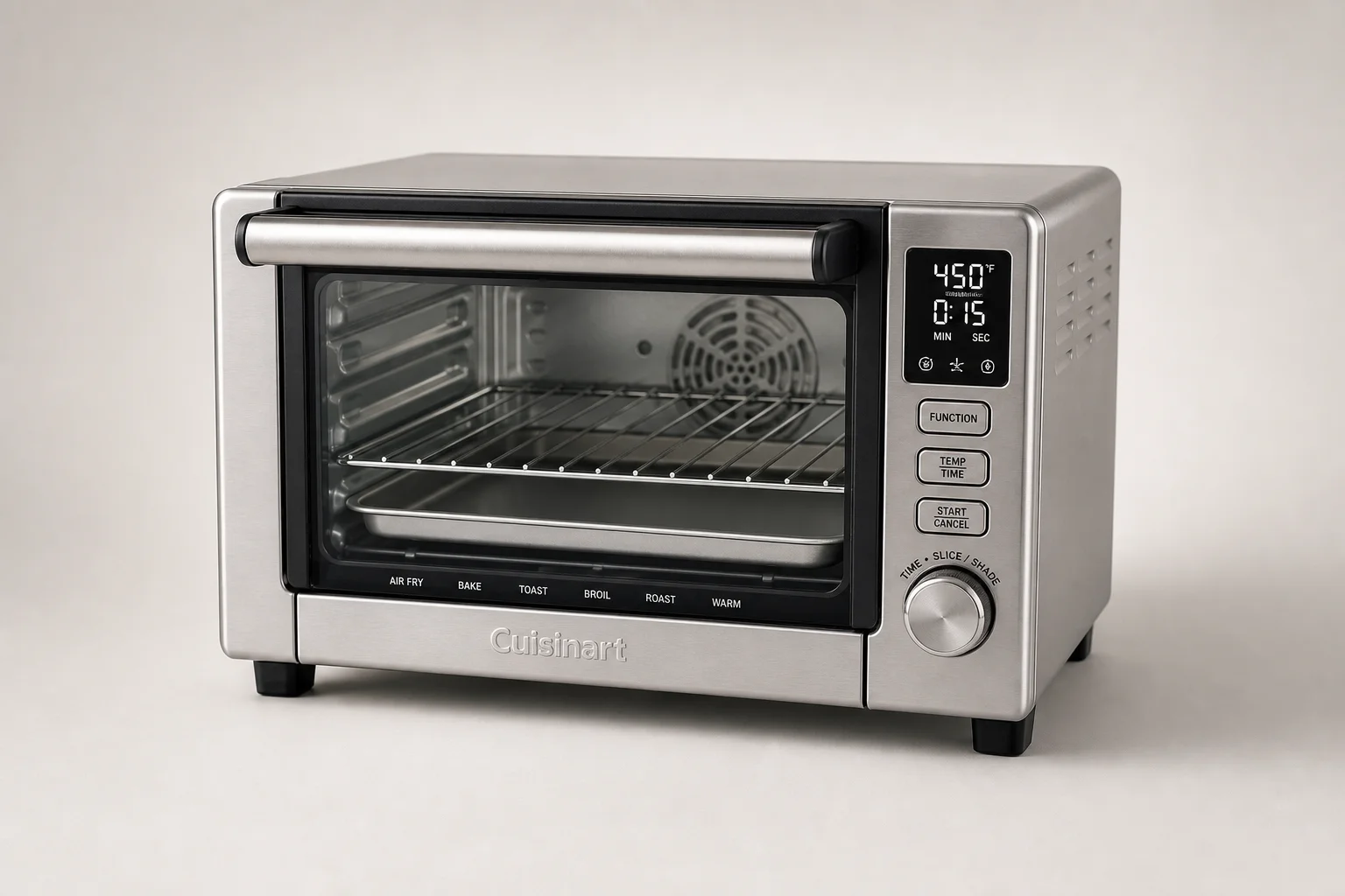 Five countertop convection ovens displayed on concrete surface