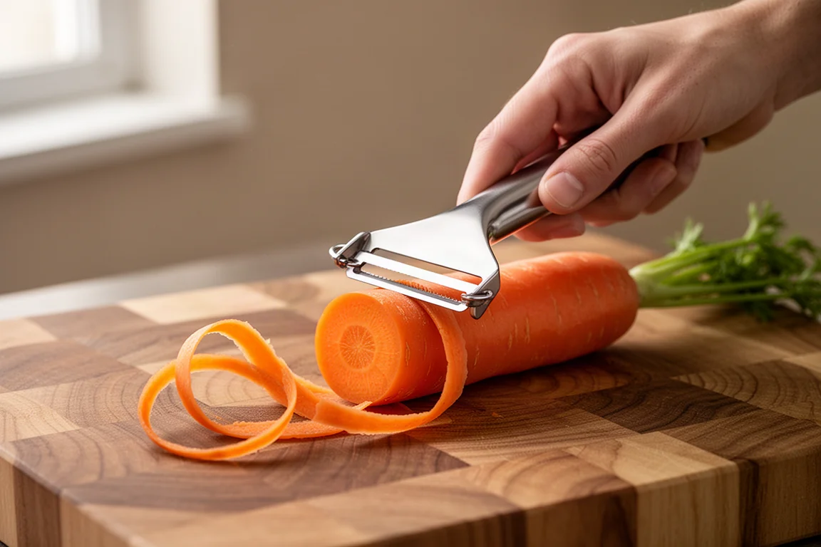 Una mano usando un pelador de verduras sobre una zanahoria, encima de una tabla de cortar de madera