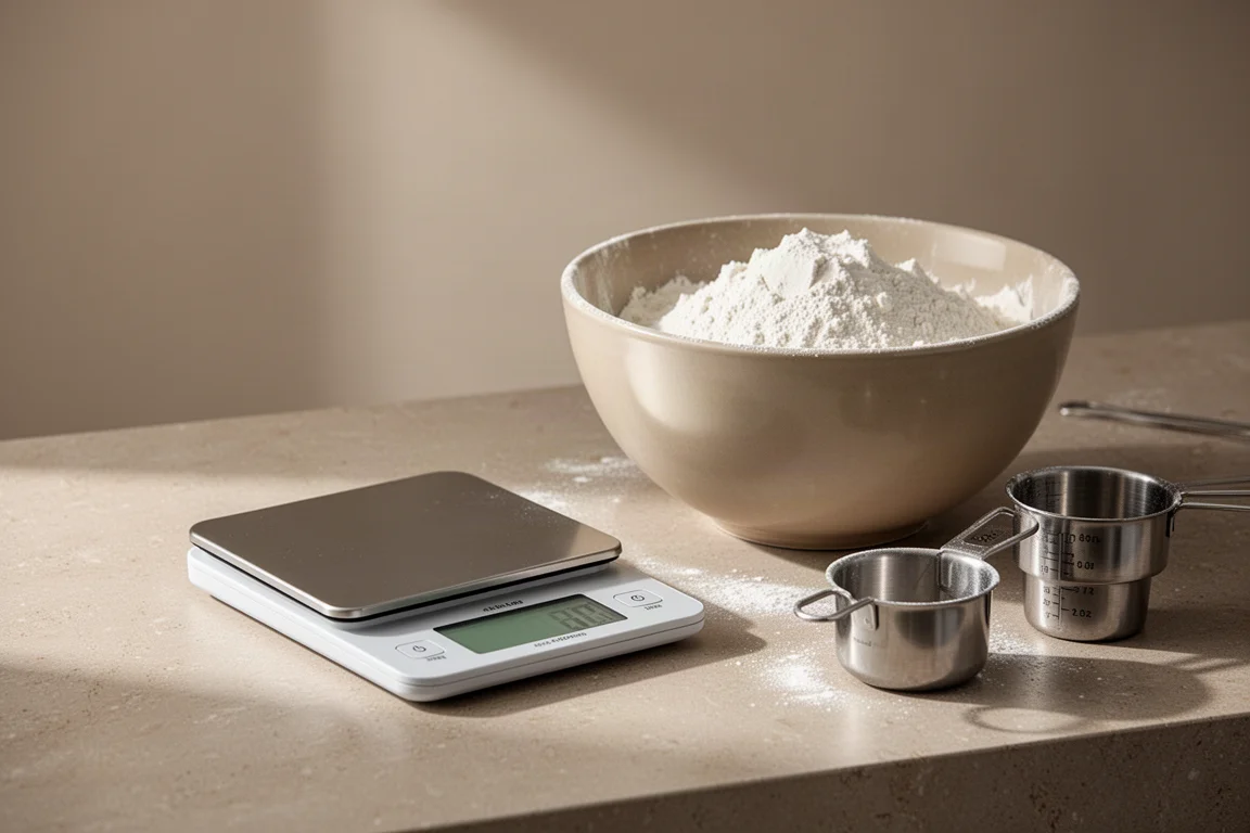 Balanza de cocina digital sobre una encimera junto a un bol de mezcla con harina