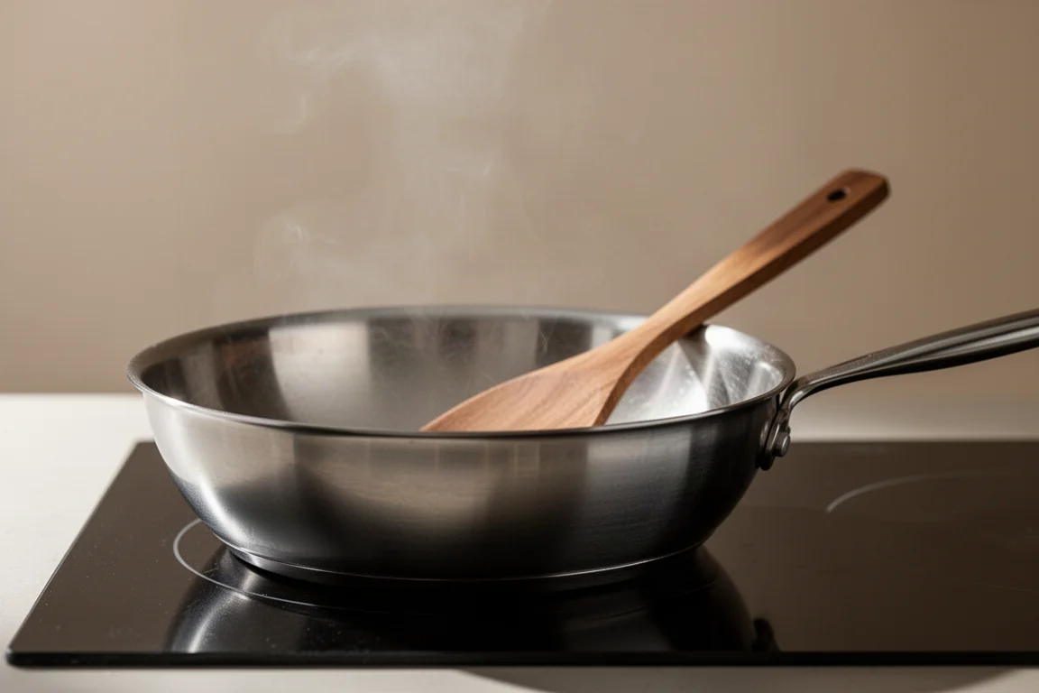Sartén salteadora de acero inoxidable en la cocina con un suave vapor ascendente
