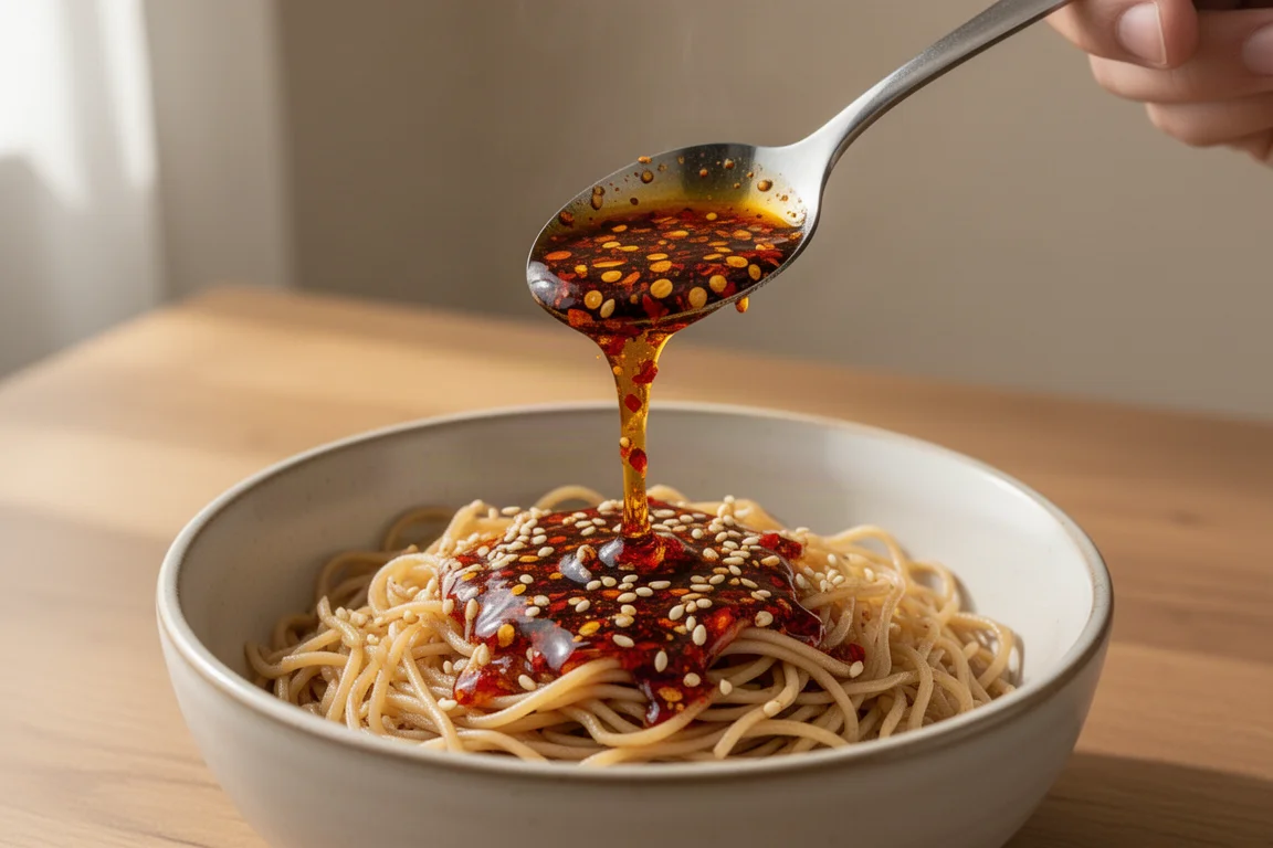 Un frasco de aceite de chile vertido sobre un plato de fideos terminado sobre una mesa