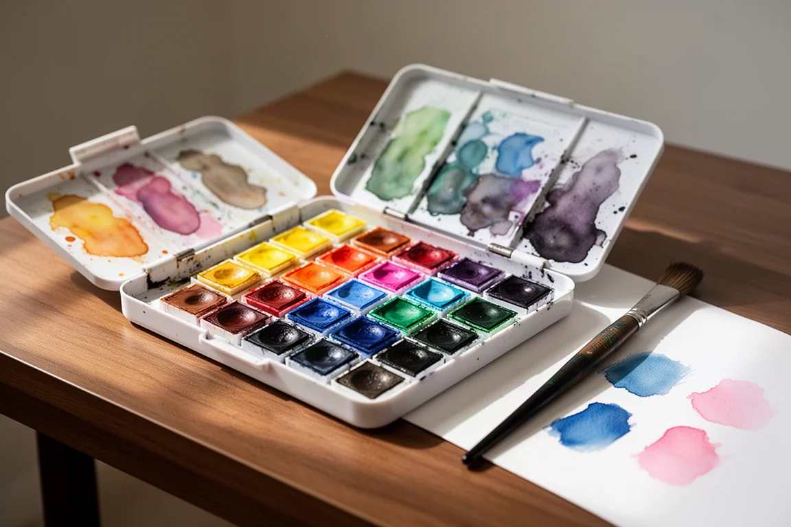 Palette di acquerelli con 36 colori disposti in un pan set su una scrivania di legno