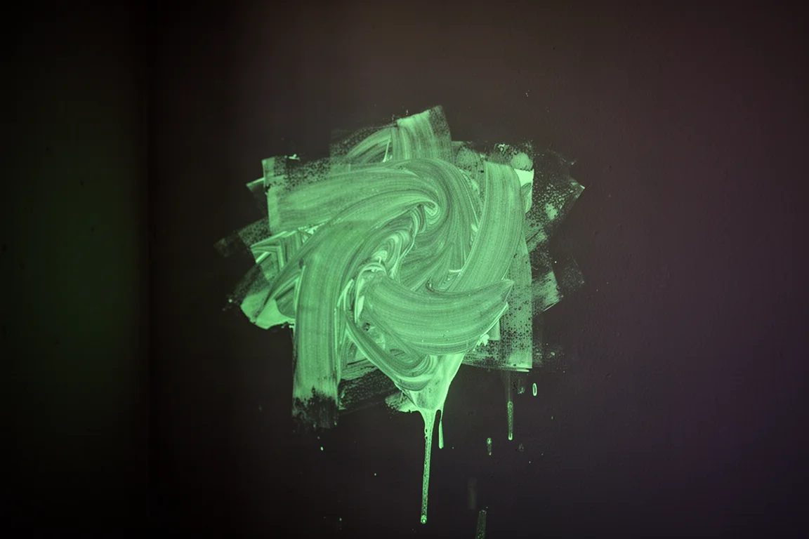 Luce verde luminosa dipinta su una parete in una stanza buia