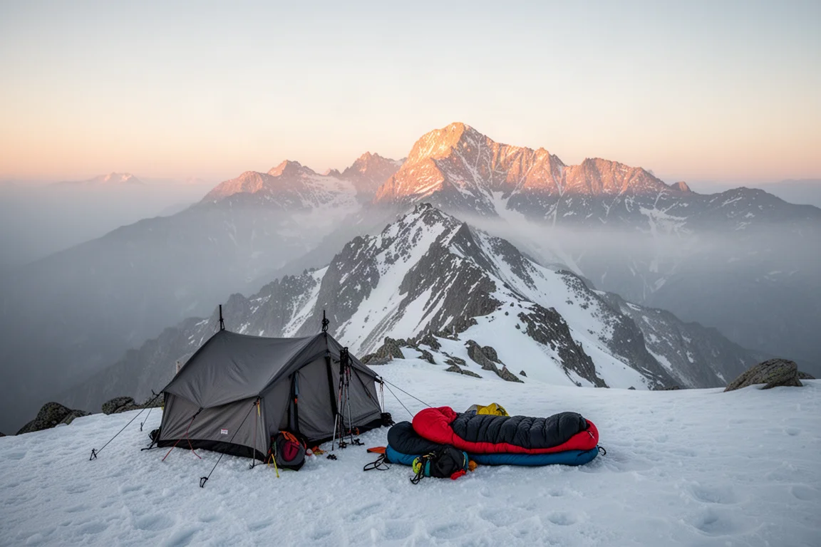 Vista dall'alto degli essenziali per il campeggio invernale su una superficie di cemento neutra