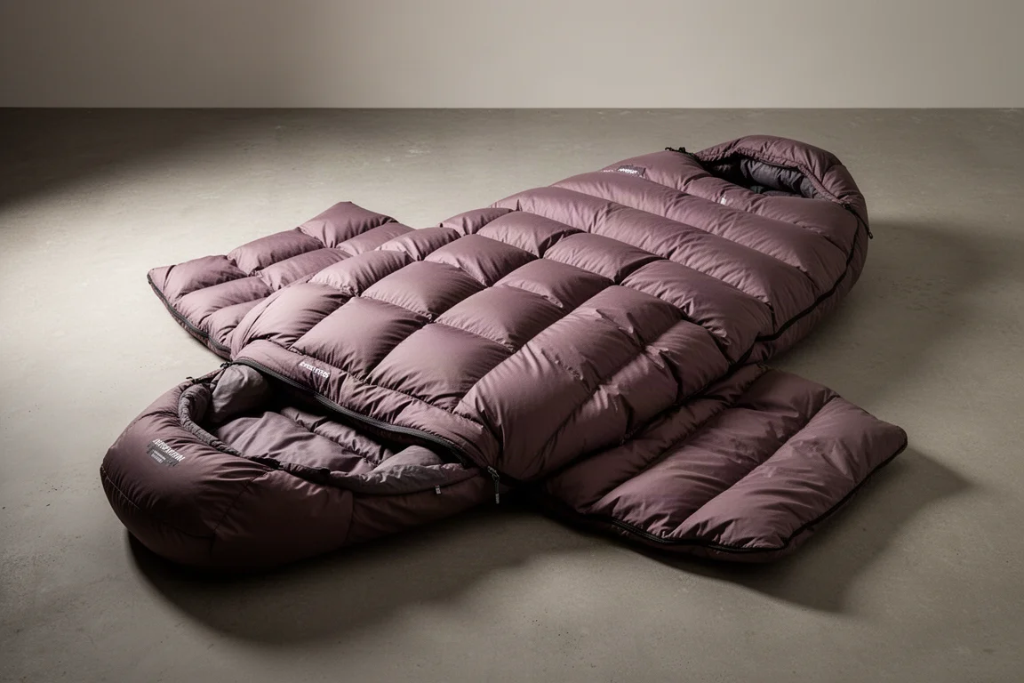 Lofted expedition down sleeping bag laid open on a matte concrete surface