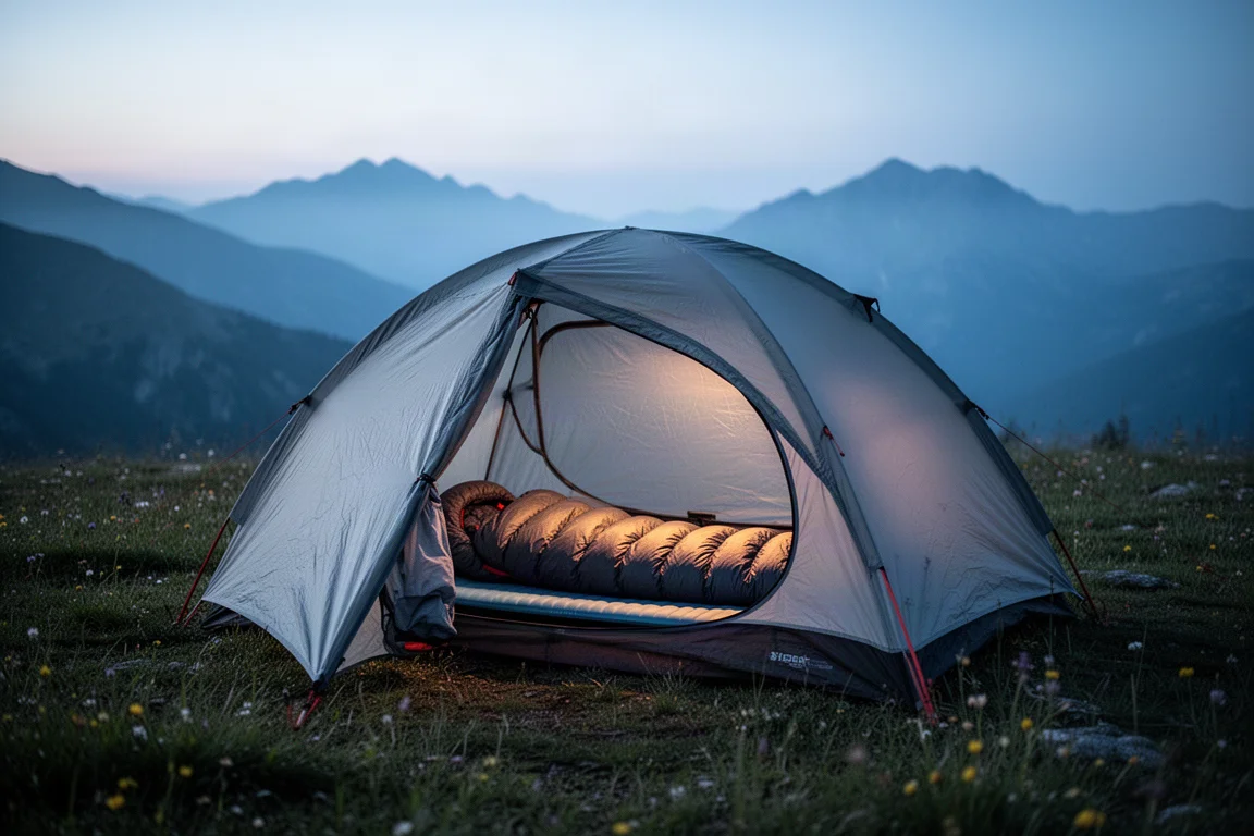 Tente de bivouac profilée montée sur un haut plateau désertique à l'aube