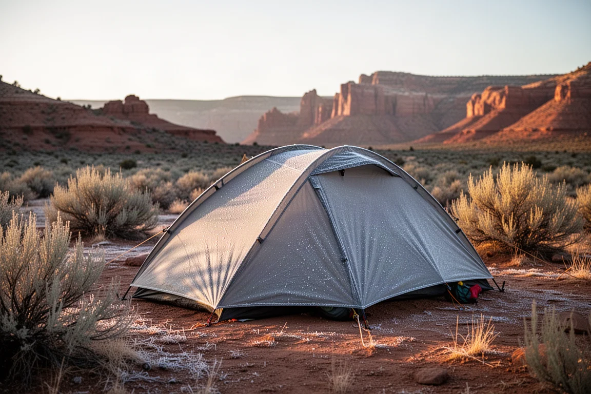 Bivouac couvert de gel au lever du soleil avec cristaux de glace sur la toile de tente