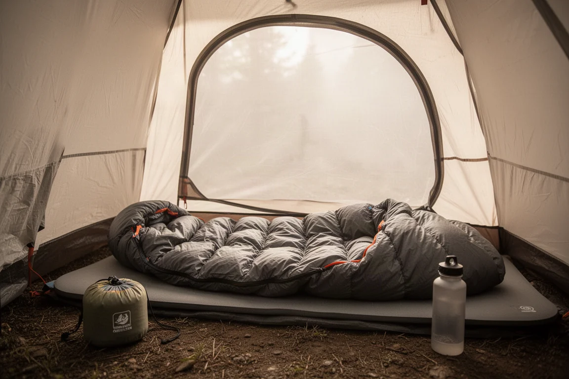 Vue de dessus à plat d'un système de couchage de bivouac sur béton patiné
