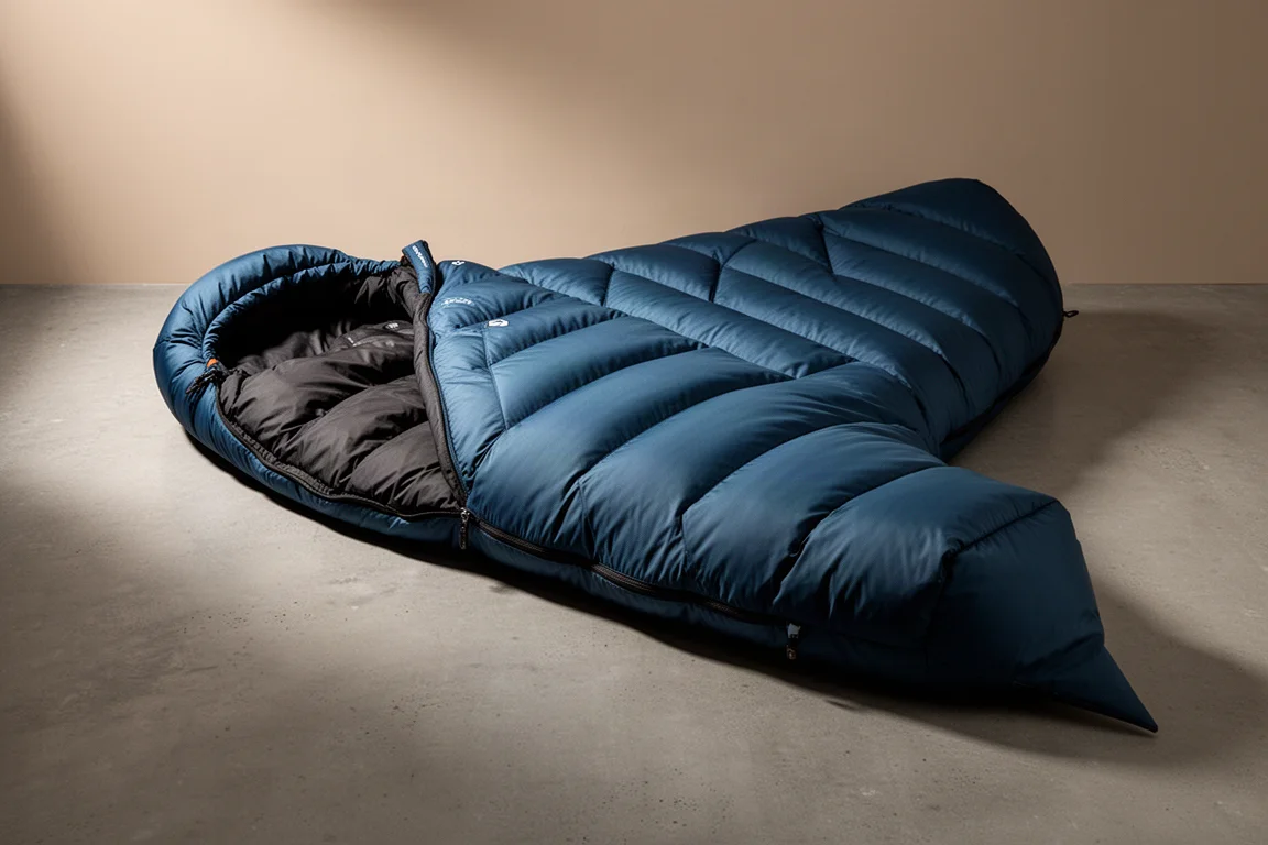 Ocean blue down mummy sleeping bag with black lining laid out on a concrete surface