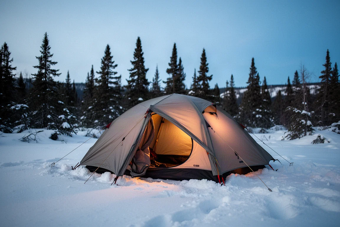 Vintertält som lyser varmt i skymningen på en snötäckt campingplats