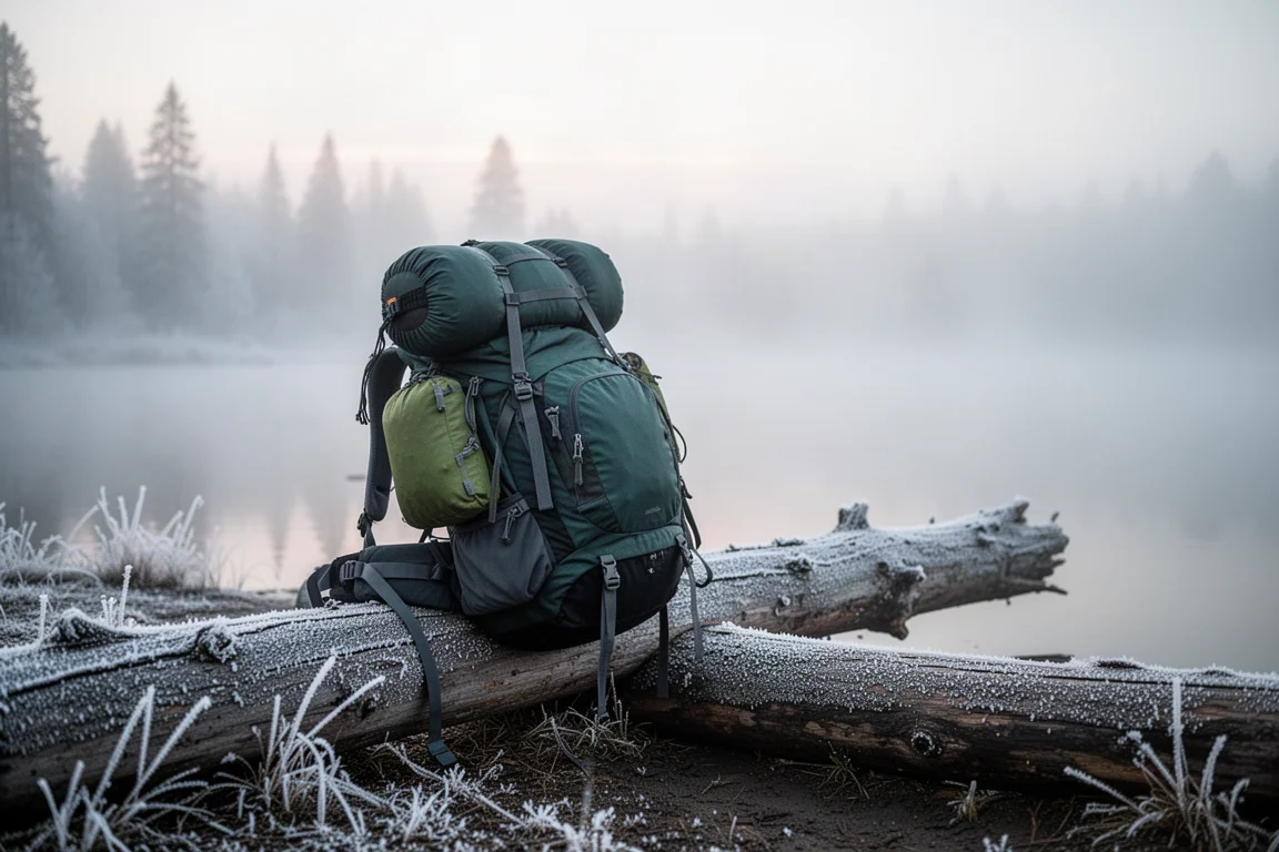 Frosttäckt alpincampingplats i soluppgång med sovsäck som vädras utomhus
