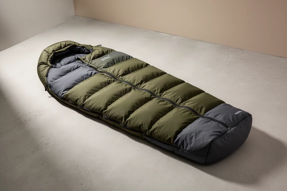 Lofted olive grey mummy style down sleeping bag laid flat on a concrete surface