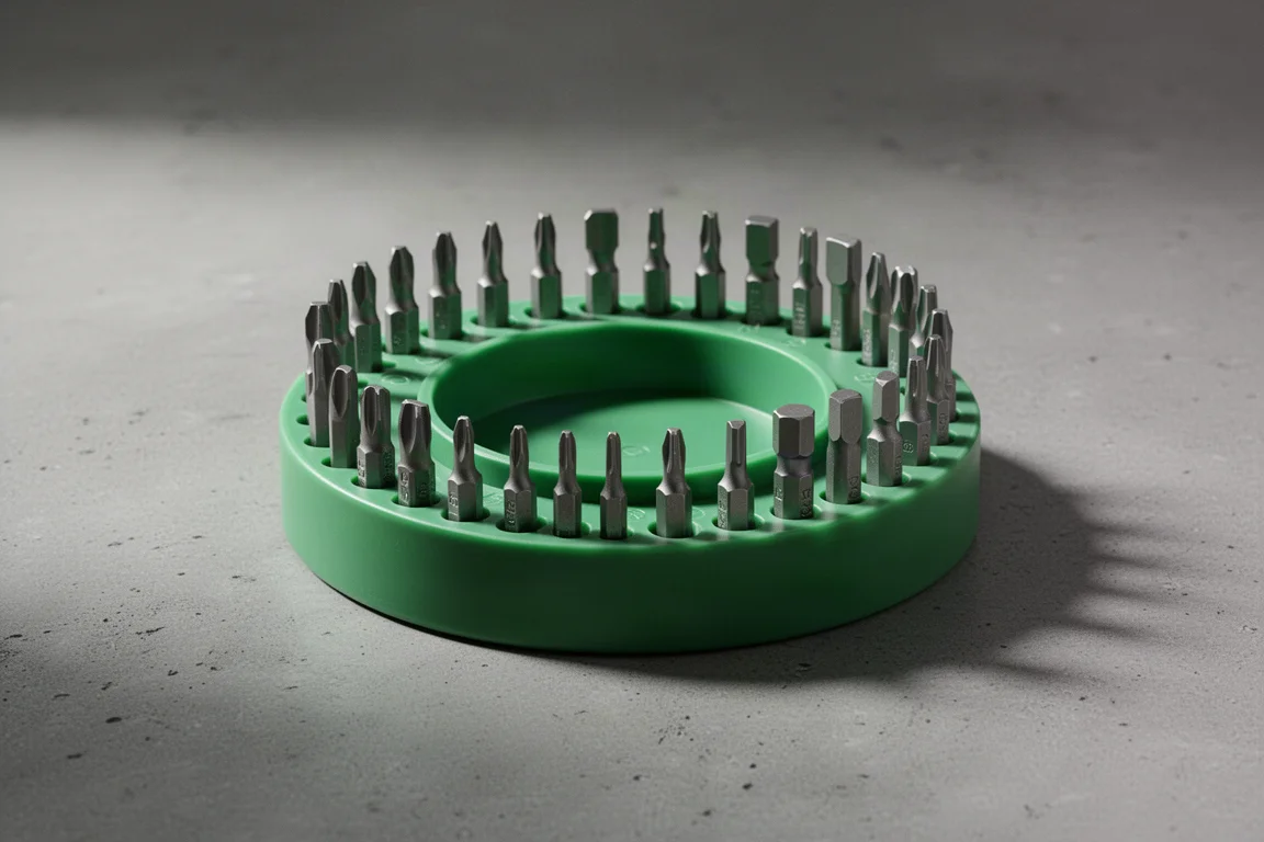 Vassoio magnetico rotondo verde per punte con punte da un quarto di pollice su una superficie da officina