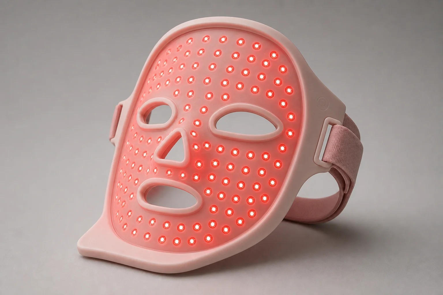 Cinque maschere per terapia facciale a LED disposte in un arco discendente su una superficie bianca