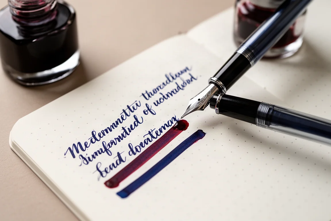 Caneta-tinteiro escrevendo em papel pontilhado com tinta azul profunda com sheen