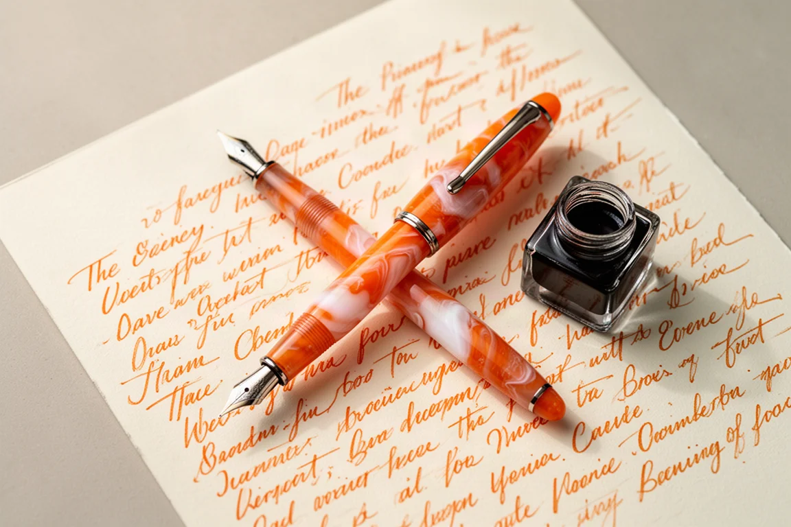 Caneta-tinteiro de resina laranja e branca sobre papel mostrando tinta laranja com sombreamento