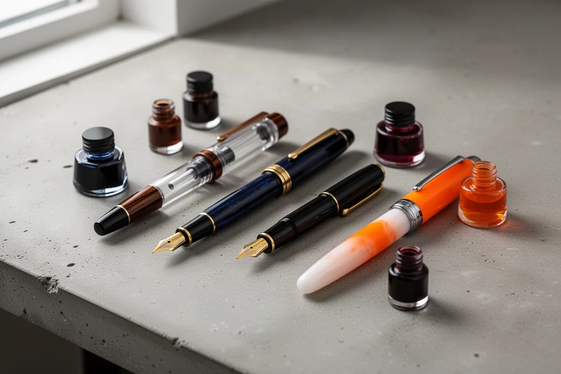 Four fountain pens with matching ink bottles arranged on a concrete desk