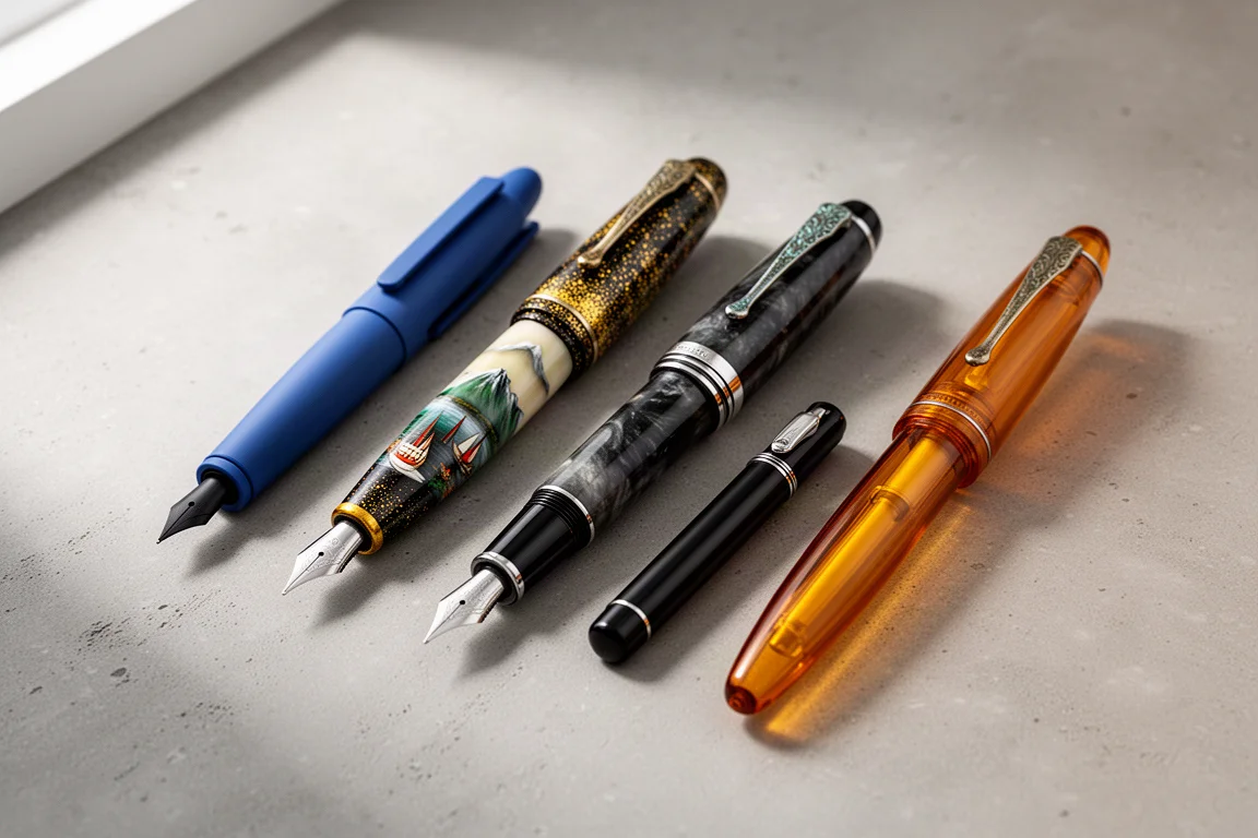 Five fountain pens arranged in a row on a matte concrete surface