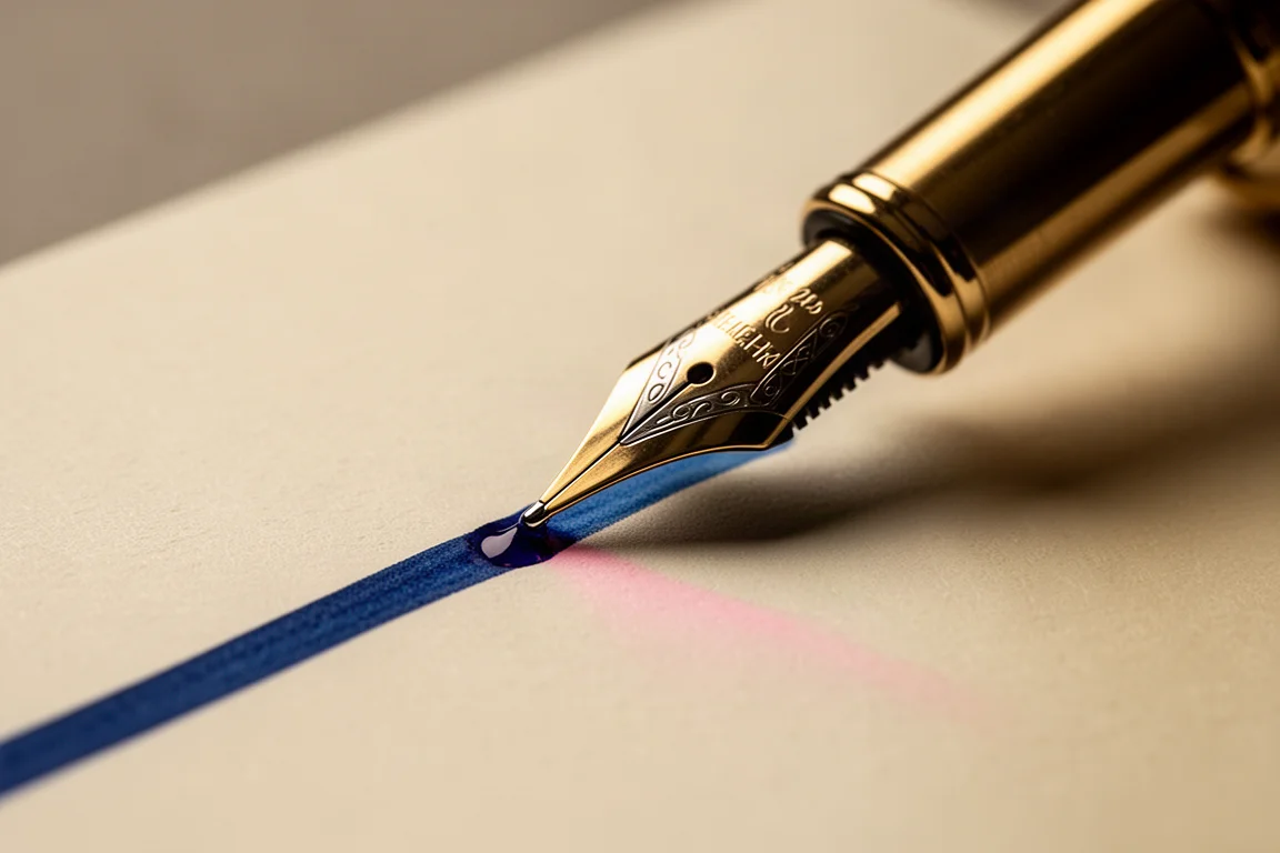 Primer plano de una pluma estilográfica dorada escribiendo con tinta azul húmeda sobre papel crema