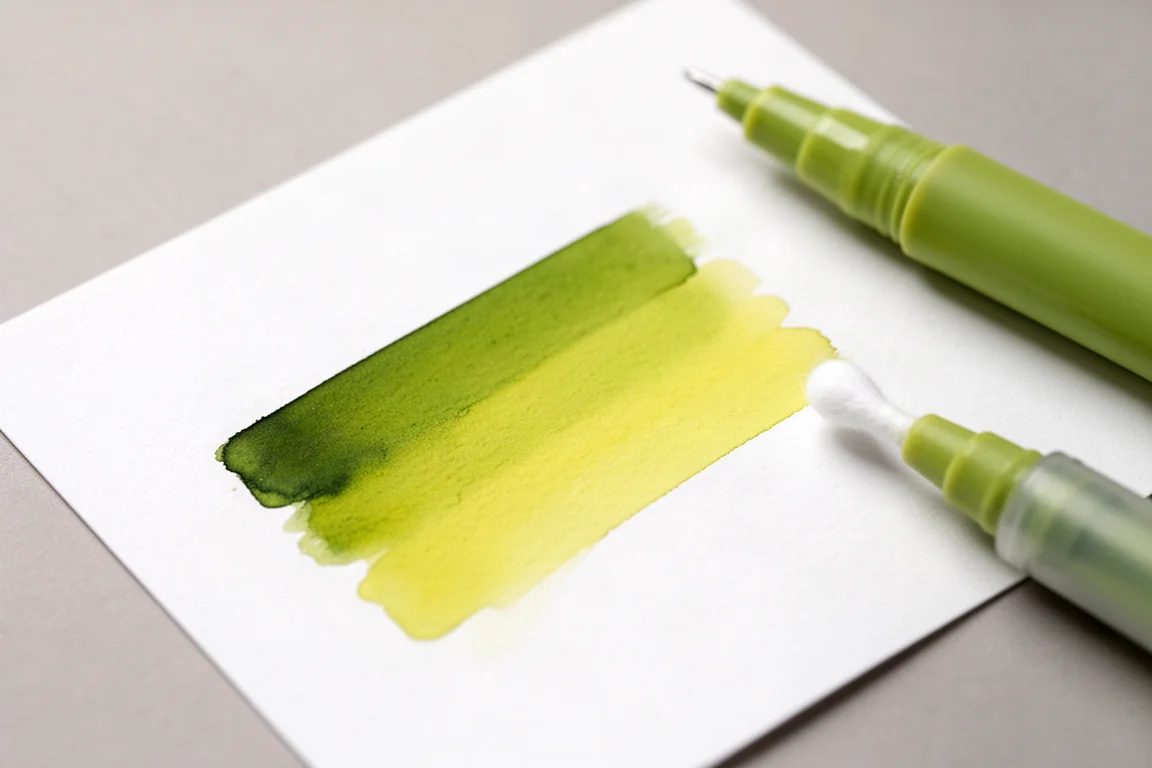Muestra de tinta verde brillante con sombreado suave sobre papel blanco