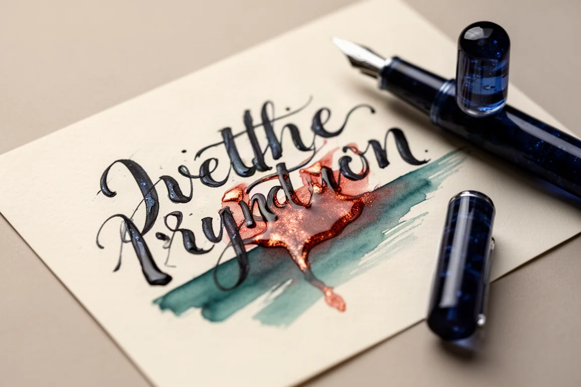 Muestra de escritura con tinta azul negra mostrado reflejo rojizo sobre papel crema